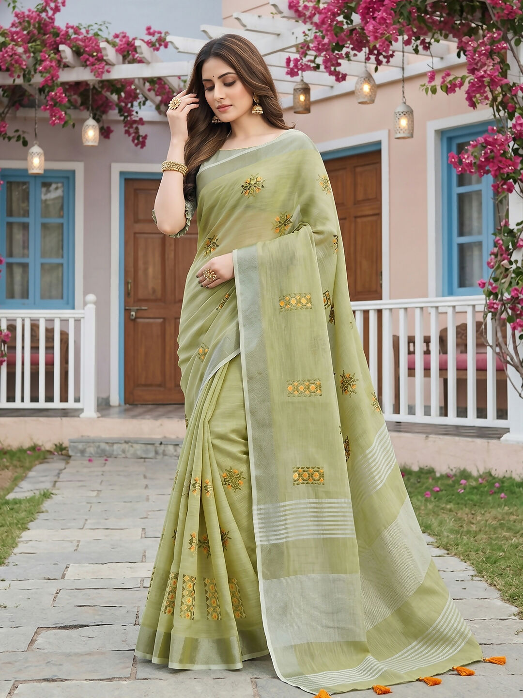 Shree Shyam Fashion Pista Green Linen Saree | Grocsy