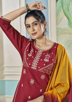 Jyoti Fashion Women's Maroon Pure Viscose Weaving Stripe with Embroidery Kurta Set | Grocsy