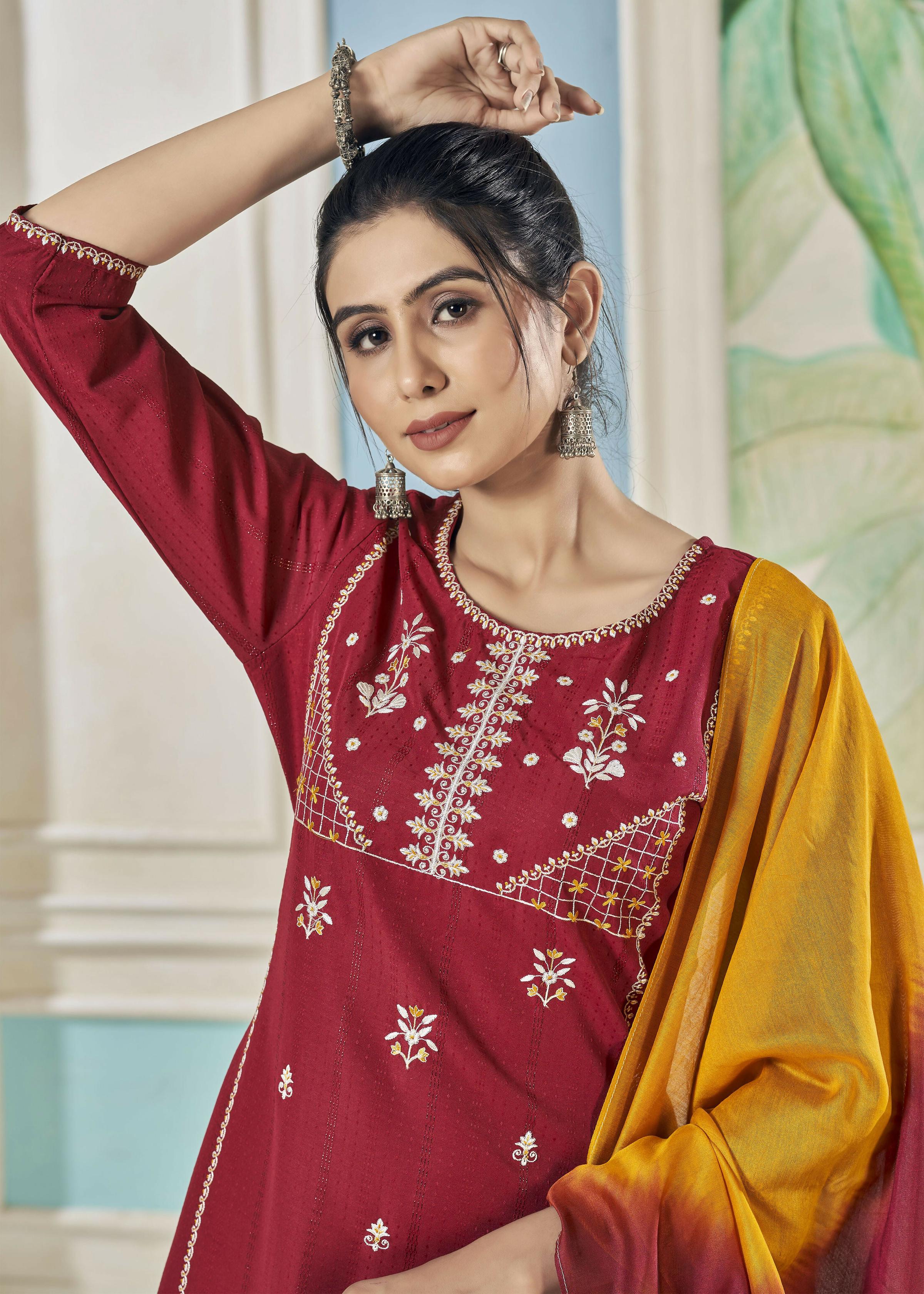Jyoti Fashion Women's Maroon Pure Viscose Weaving Stripe with Embroidery Kurta Set | Grocsy