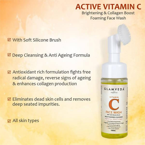 Glamveda Active Vitamin C Brightening & Collagen Boost Foaming Face Wash With Soft Silicone Brush | Grocsy