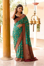 Joban Fashion Teal Green Crepe Chiffon Pure Handloom Banarasi Silk Saree | Grocsy