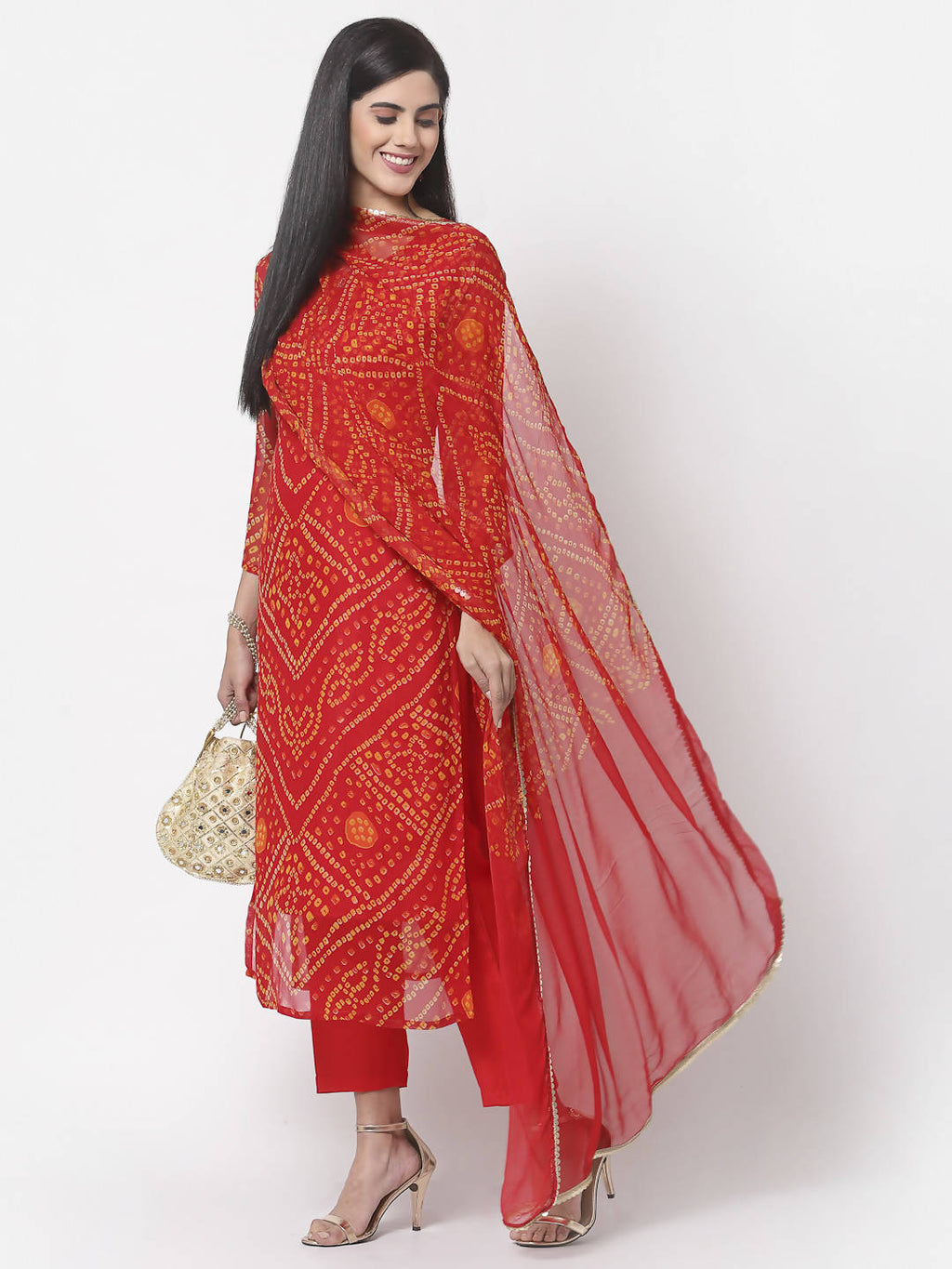 Myshka Women Red Georgette Printed 3/4 Sleeve Round Neck Kurta Pant Dupatta Set | Grocsy