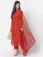 Myshka Women Red Georgette Printed 3/4 Sleeve Round Neck Kurta Pant Dupatta Set | Grocsy