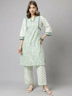 FIORRA Women's Sea Green Cotton A-Line Kurta Set | Grocsy