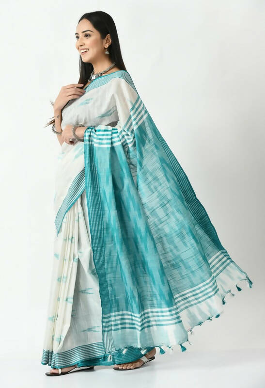 Mominos Fashion Moeza White & Sea Green Bhagalpuri Handloom Ikat Pure Cotton Saree with unstitched Blouse piece | Grocsy