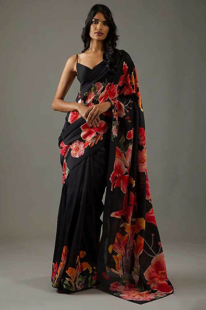Black Bright Moss Designer Digital Printed Party Wear Saree - Be Verly | Grocsy