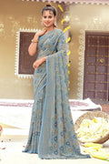 Grey Chiffon Printed Ivory Print and Zari work Saree with Unstitched Blouse Piece - Shanaya | Grocsy