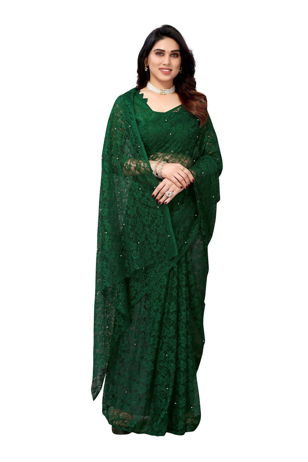 Vamika Ethnic Fire Green Pearls Net Saree | Grocsy