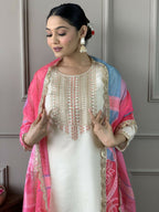 White Viscose Chanderi Stitched Suit With Dupatta - Tanisha | Grocsy
