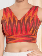 Joban Fashion Red Ikat Silk Padded Blouse With V Neck Sleeveless | Grocsy