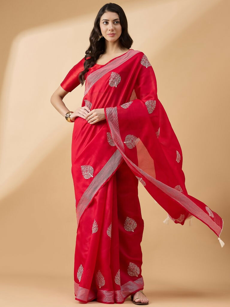 Red Cotton Blend Thread Embroidered Saree with Unstitched Blouse - Satya | Grocsy