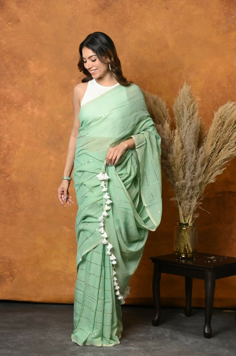 Very Much Indian Designer Mul Cotton Handloom Saree with Sequins - Sea Green | Grocsy