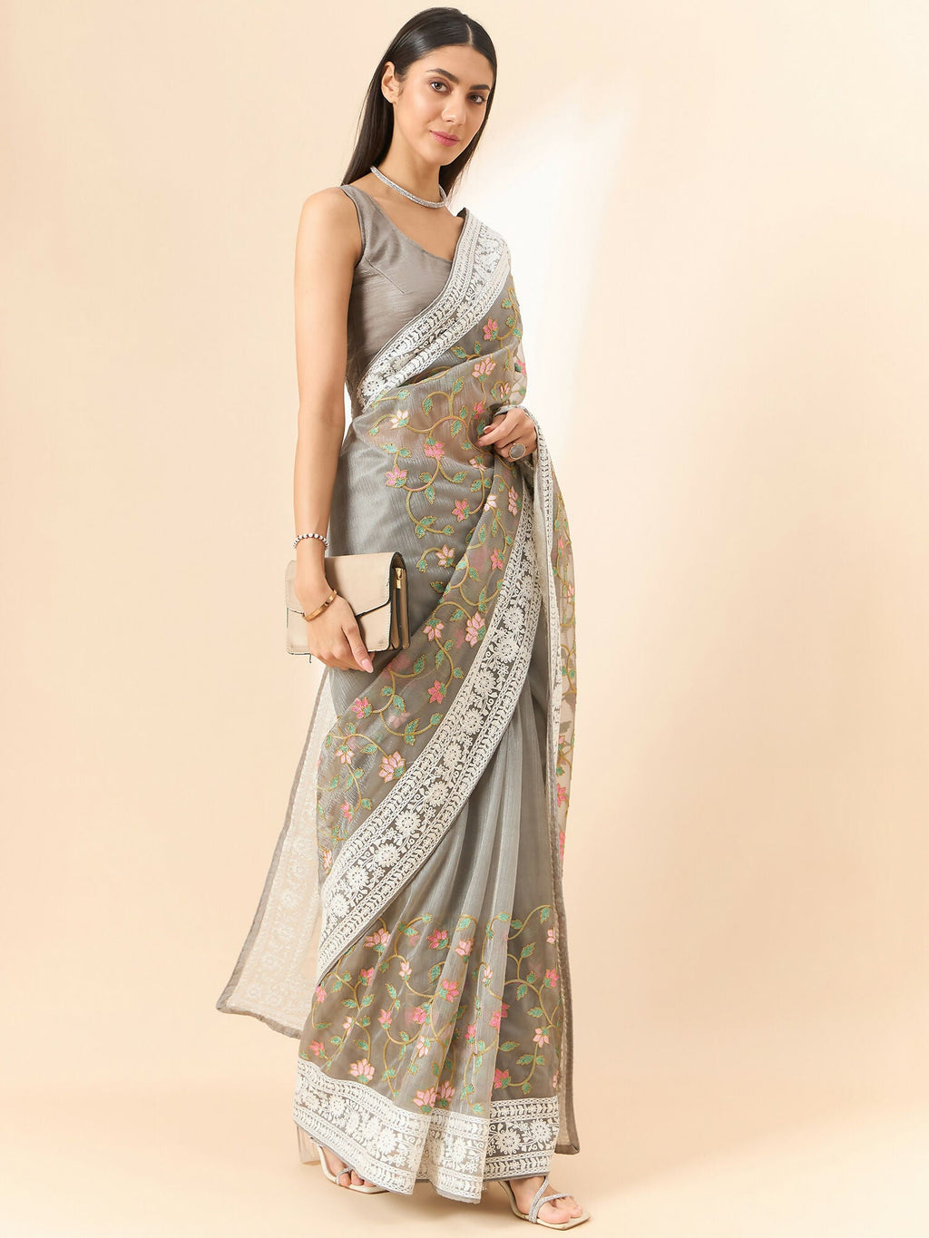 Grey Organza Floral Embroidered Saree with Unstitched Blouse Piece - Roozal | Grocsy