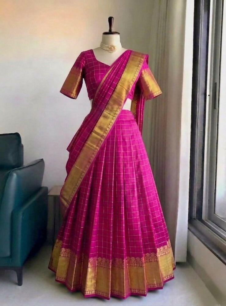 Teeya Creation Festive Rani Pink Checkered Silk Lehenga Choli with Golden Zari Detail | Grocsy