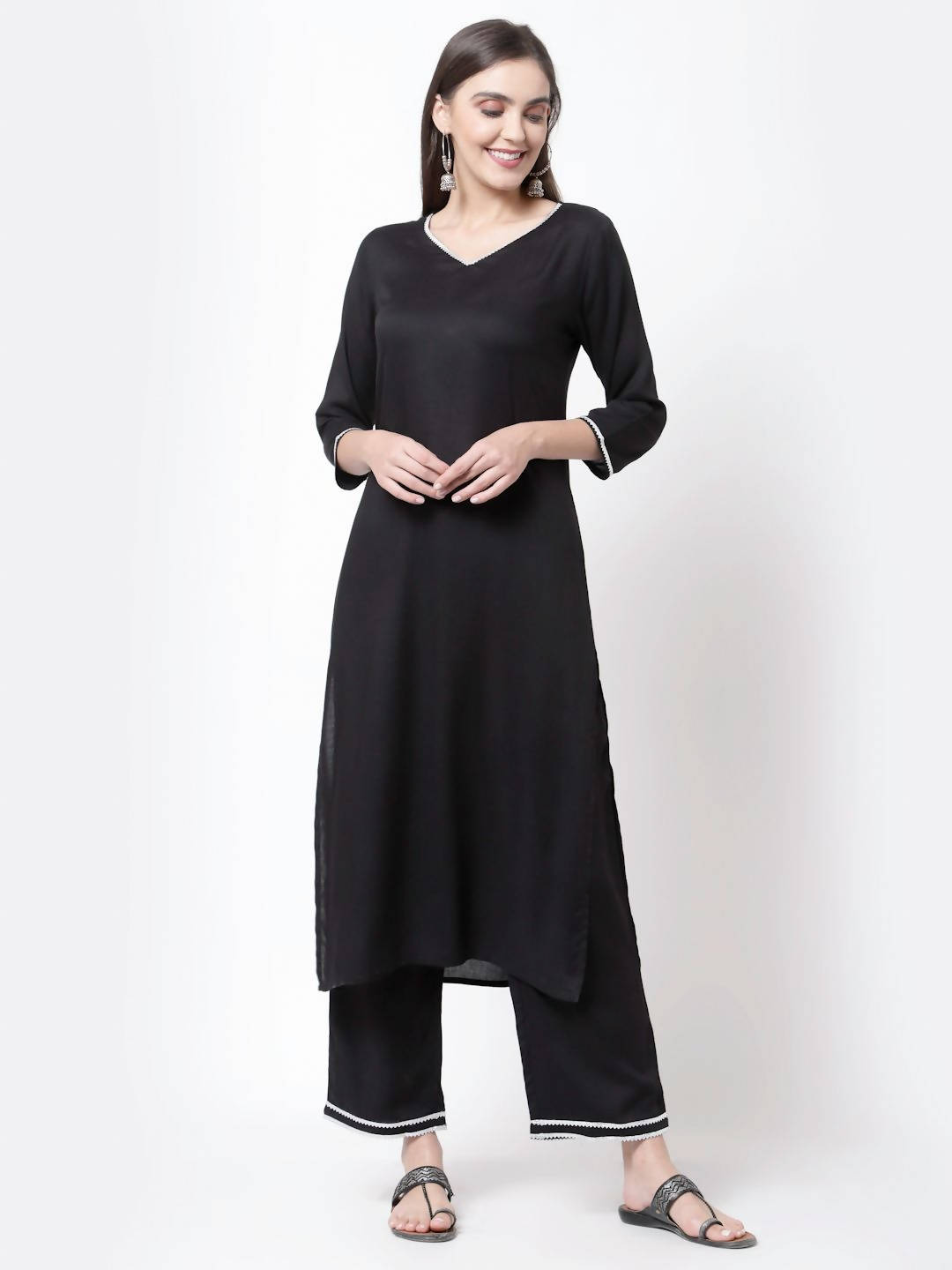 Myshka Black Cotton Half Sleeve V Neck Solid Casual Kurta Pant Dupatta Set | Grocsy