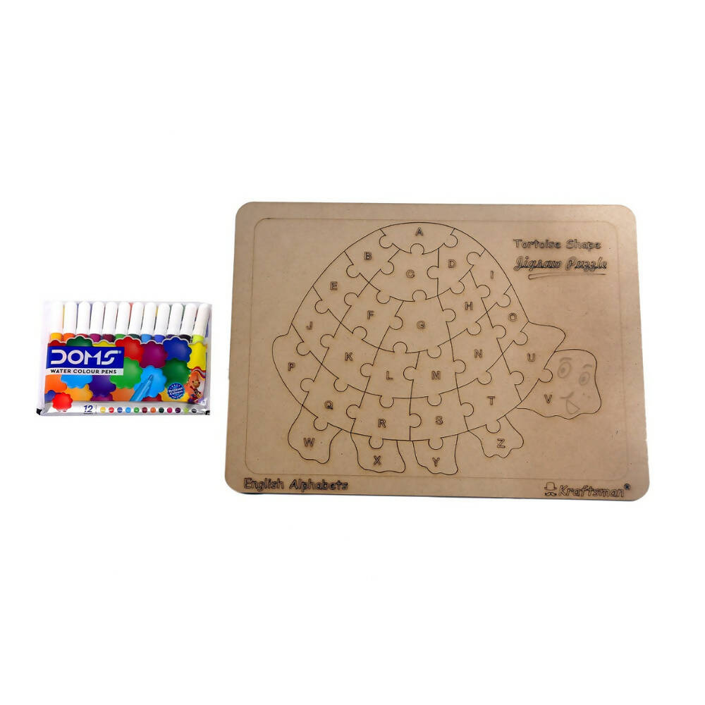 Kraftsman English Alphabets Wooden Jigsaw Puzzles Tortoise Shape Puzzle | Color Kit Included | Grocsy