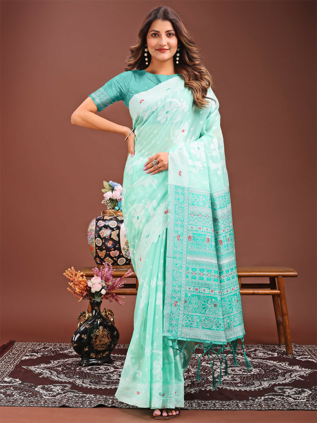 Shree Shyam Fashion Anaya Sea Green Linen Cotton Saree | Grocsy