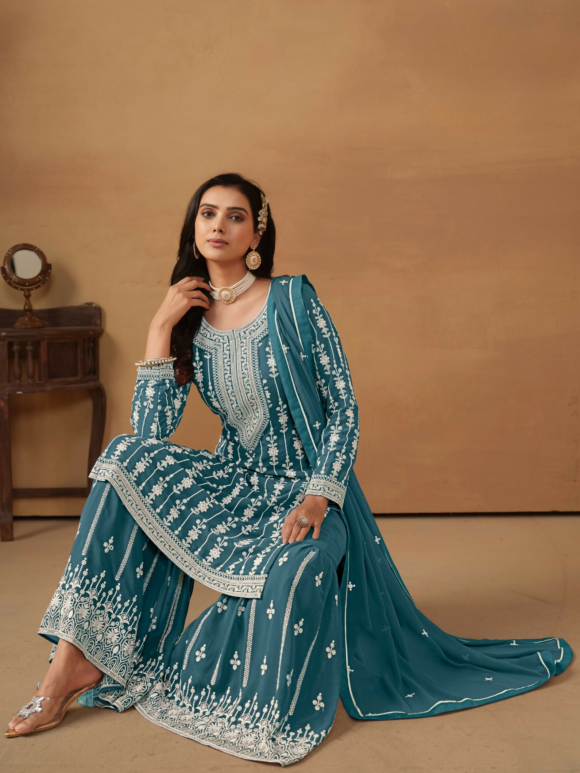Anaita Teal Embroidered Faux Georgette Salwar Suit | Grocsy