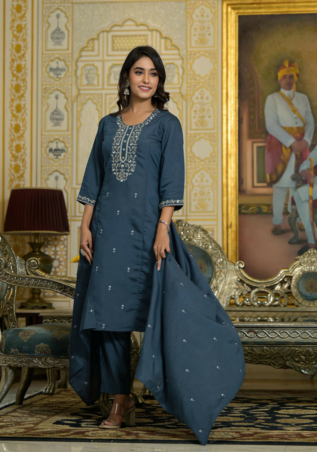 Juniper Women's Grey Thread & Zari Embroidered Viscose Kurta Pant And Dupatta Set | Grocsy