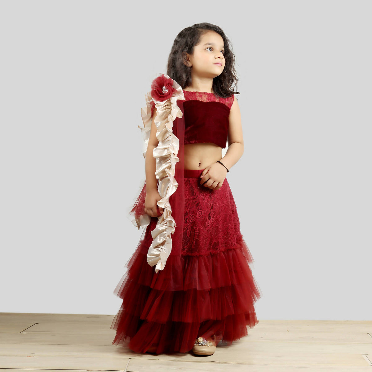 Pink Cow Fashions Velvet Choli With Net Ghagra & Frill Dupatta | Grocsy