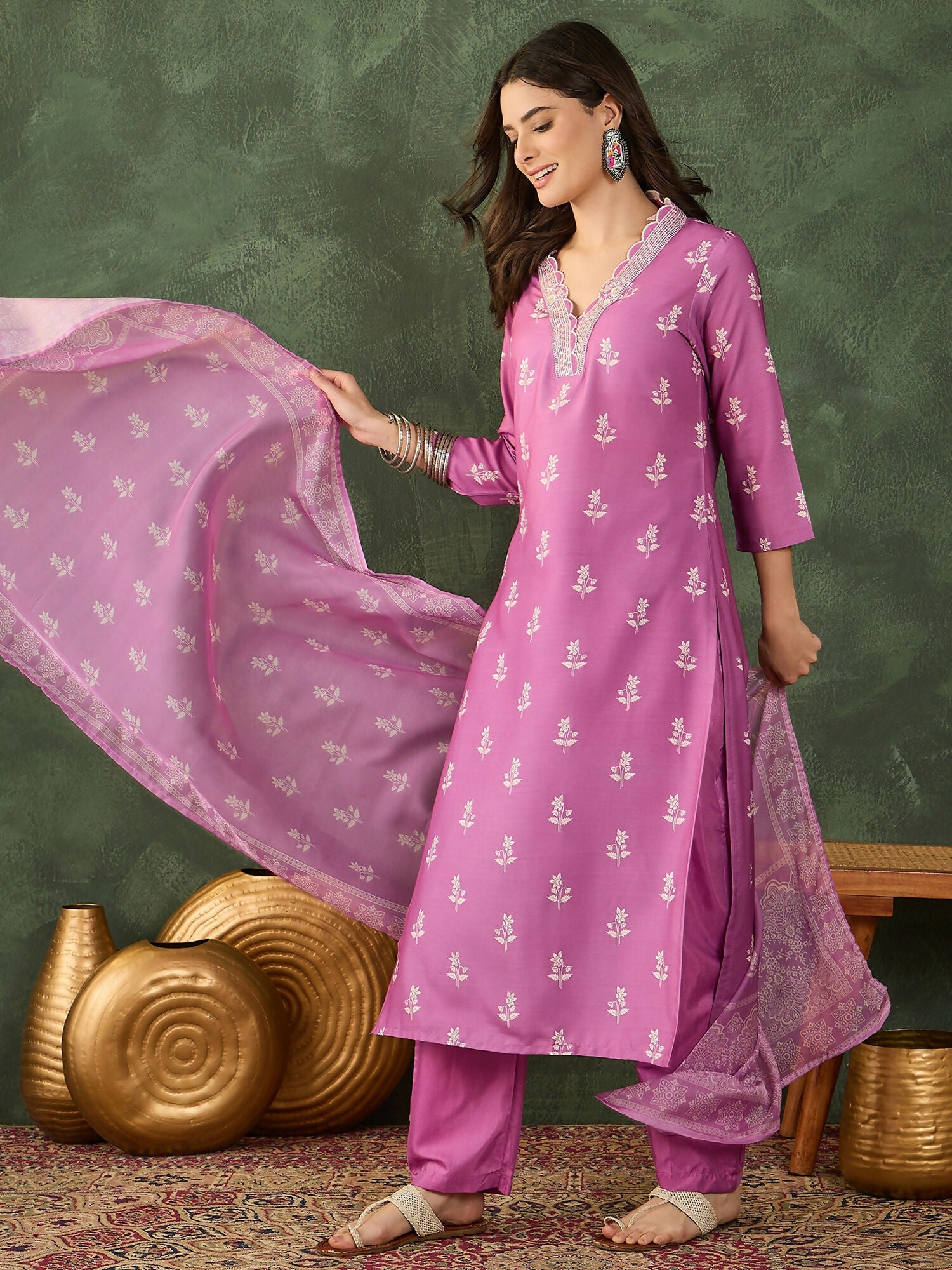 The52 Women's Gorgeous Rayon Fabric Printed Work Straight Kurta Pant and Dupatta Set-Onion | Grocsy