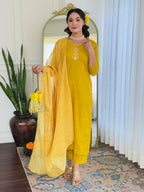 The52 Yellow Women's Beautiful Embroidered Rayon Fabric with Straight Kurta, Pant and Dupatta Set | Grocsy