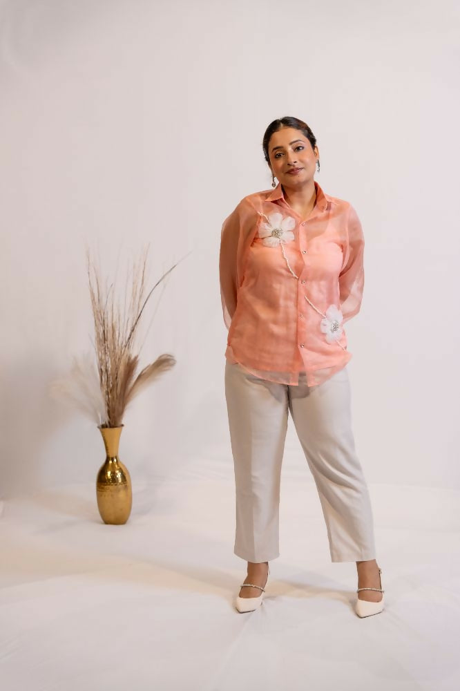 Timaraa Peach Coral Organza Shirt With Hand Embellished 3D Floral Motift | Grocsy