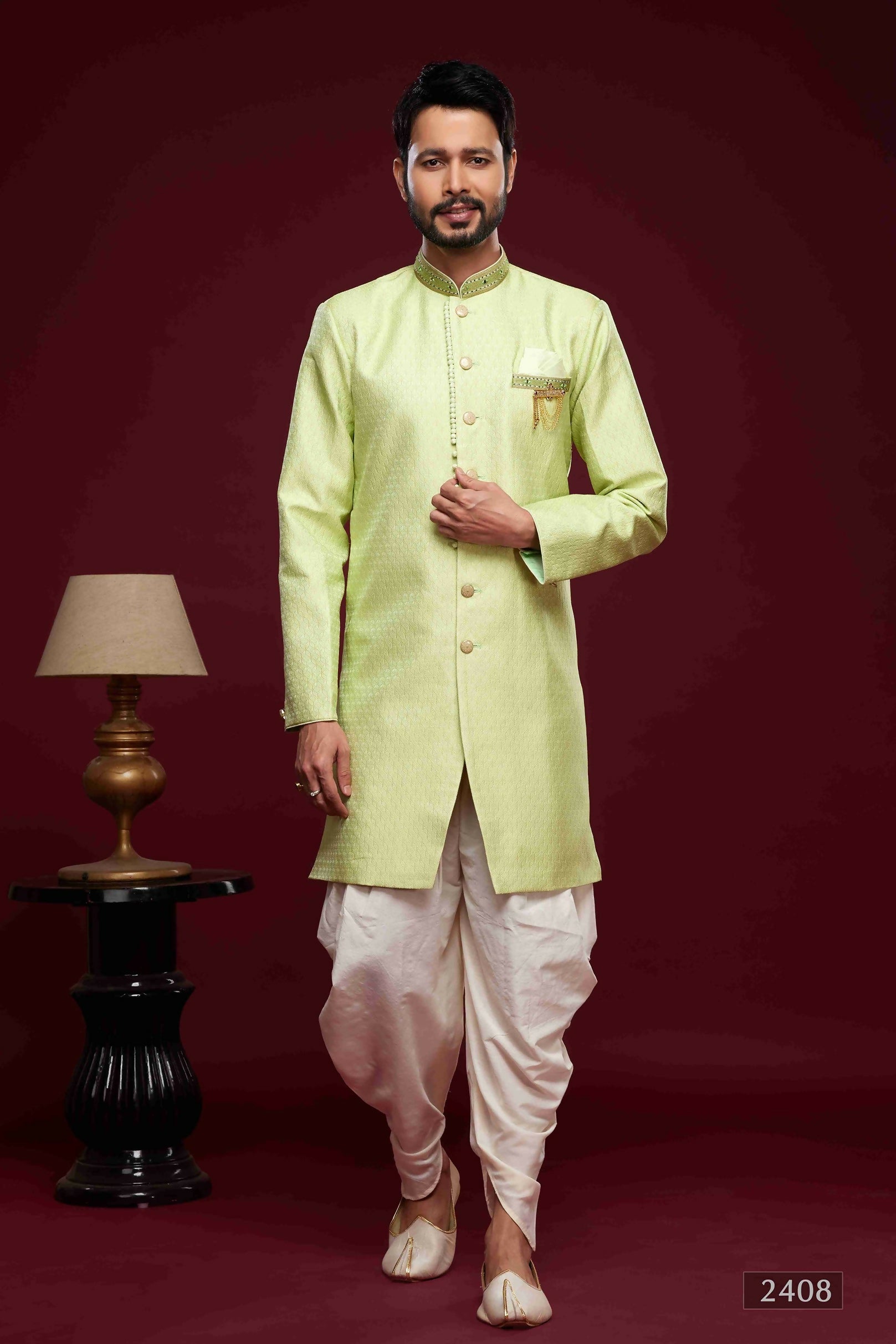 Raivat Ethnic Banarasi Jacquard Embroidery Semi Indo Western Sherwani In Pista Green Colour | Grocsy