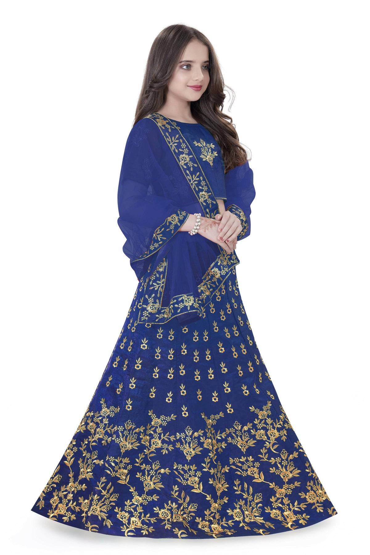 Dwiden Royal Blue Baby Doll Tafetta Sattin Semi-Stitched Girl's Lehenga Choli | Grocsy