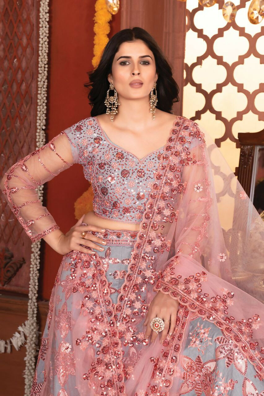 Eilara Grey And Peach Mulberry Silk Lehenga With Thread Sequins Embroidery Work | Grocsy