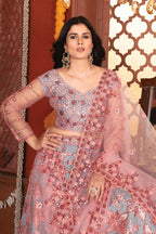 Eilara Grey And Peach Mulberry Silk Lehenga With Thread Sequins Embroidery Work | Grocsy