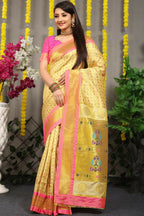 Jyoti Fashion Women's Cream Banarasi Silk Zari Woven Saree with Blouse | Grocsy