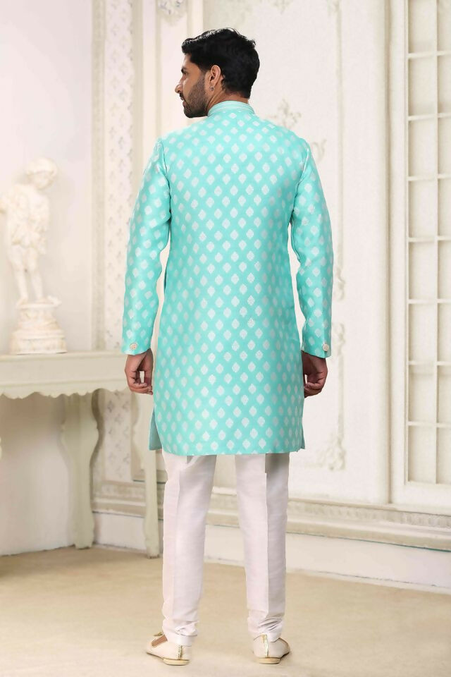 Raivat Ethnic Banarasi Jacquard Embroidery Semi Indo Western Sherwani In Green Colour | Grocsy