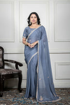 Morchari Grey Chiffon Hand Embroidery Saree And Stitched Blouse | Grocsy