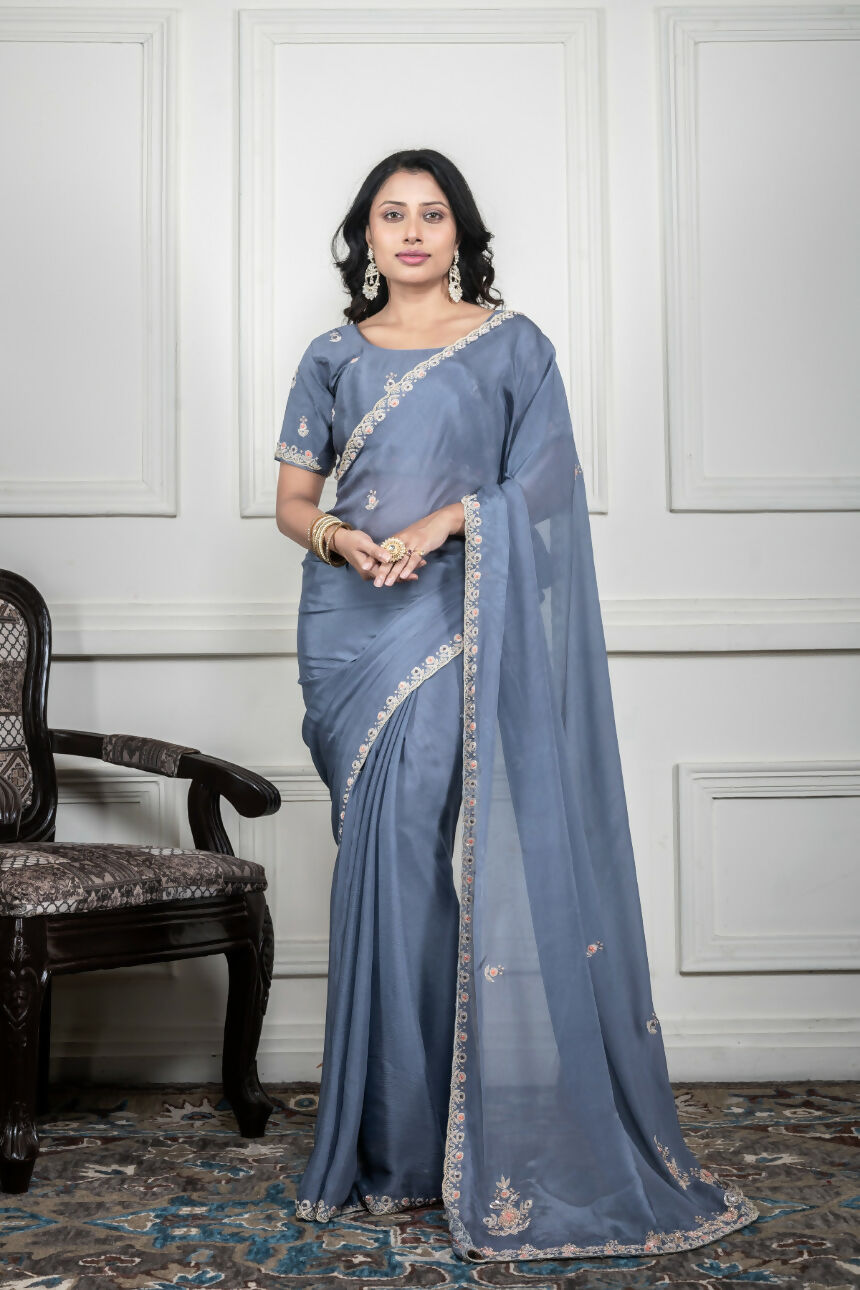 Morchari Grey Chiffon Hand Embroidery Saree And Stitched Blouse | Grocsy