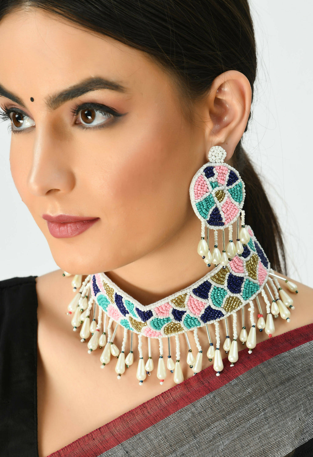 Mominos Fashion Johar Kamal Handicraft Multi Pearls Necklace with Earrings For Women | Grocsy