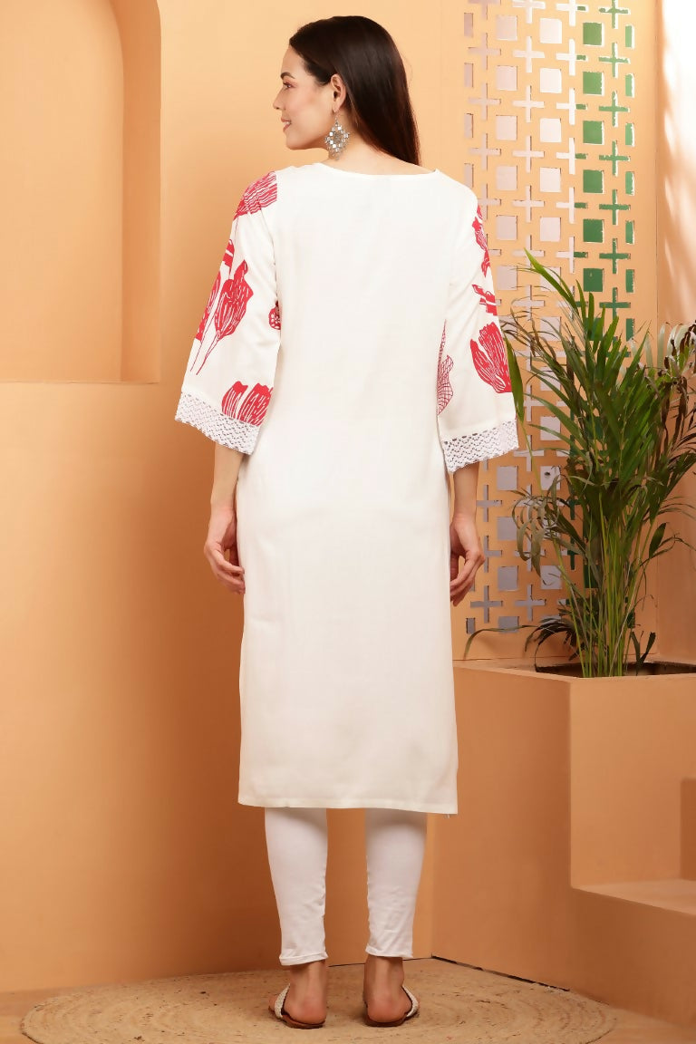 Cheera Women Stylish Hand Block Printed Cotton Blend Flared Kurta - Off White | Grocsy