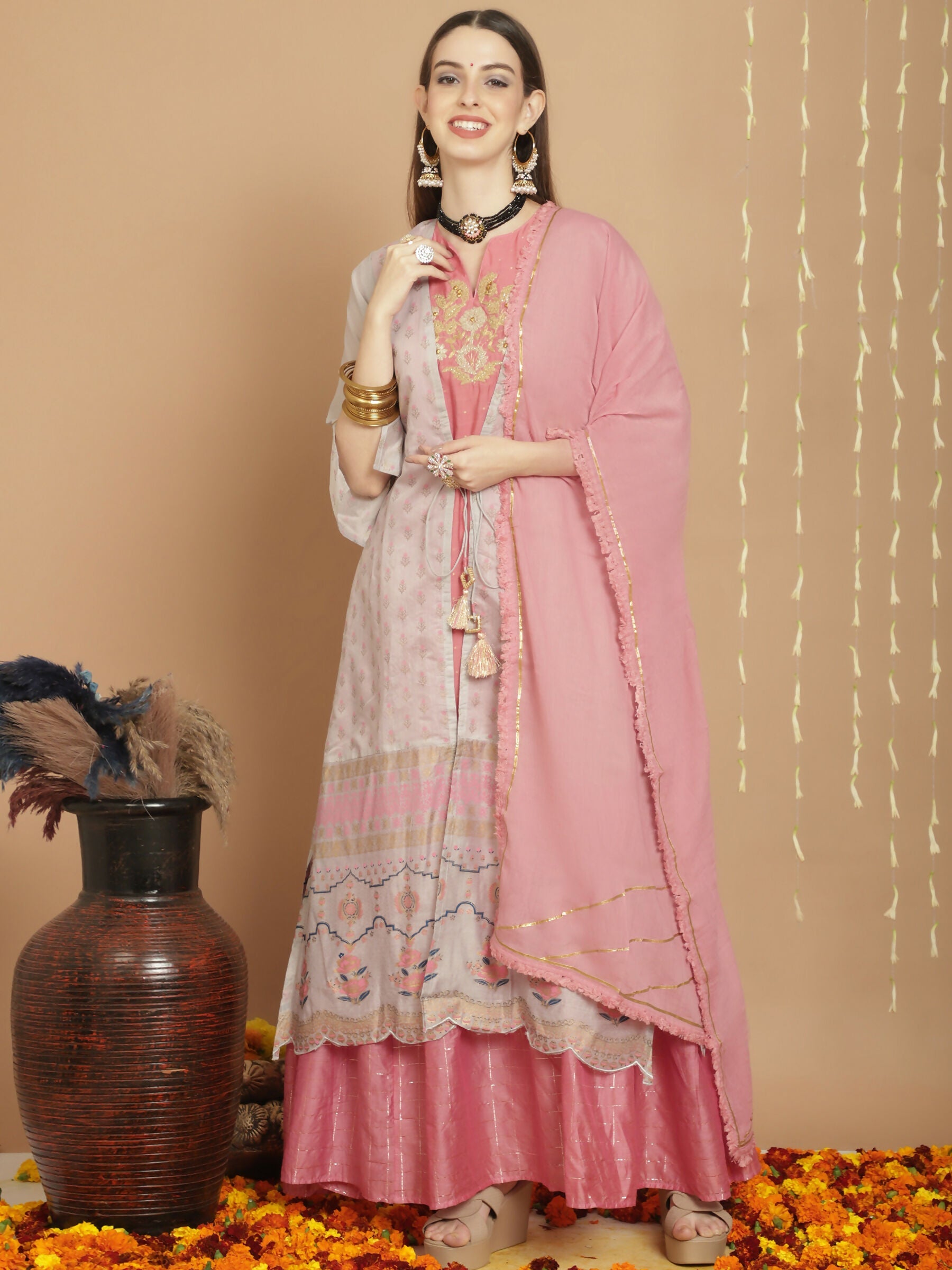 Jyoti Fashion Women's Grey Chanderi Silk Elegant Jardoshi Semi Kurta with Trouser & Dupatta | Grocsy