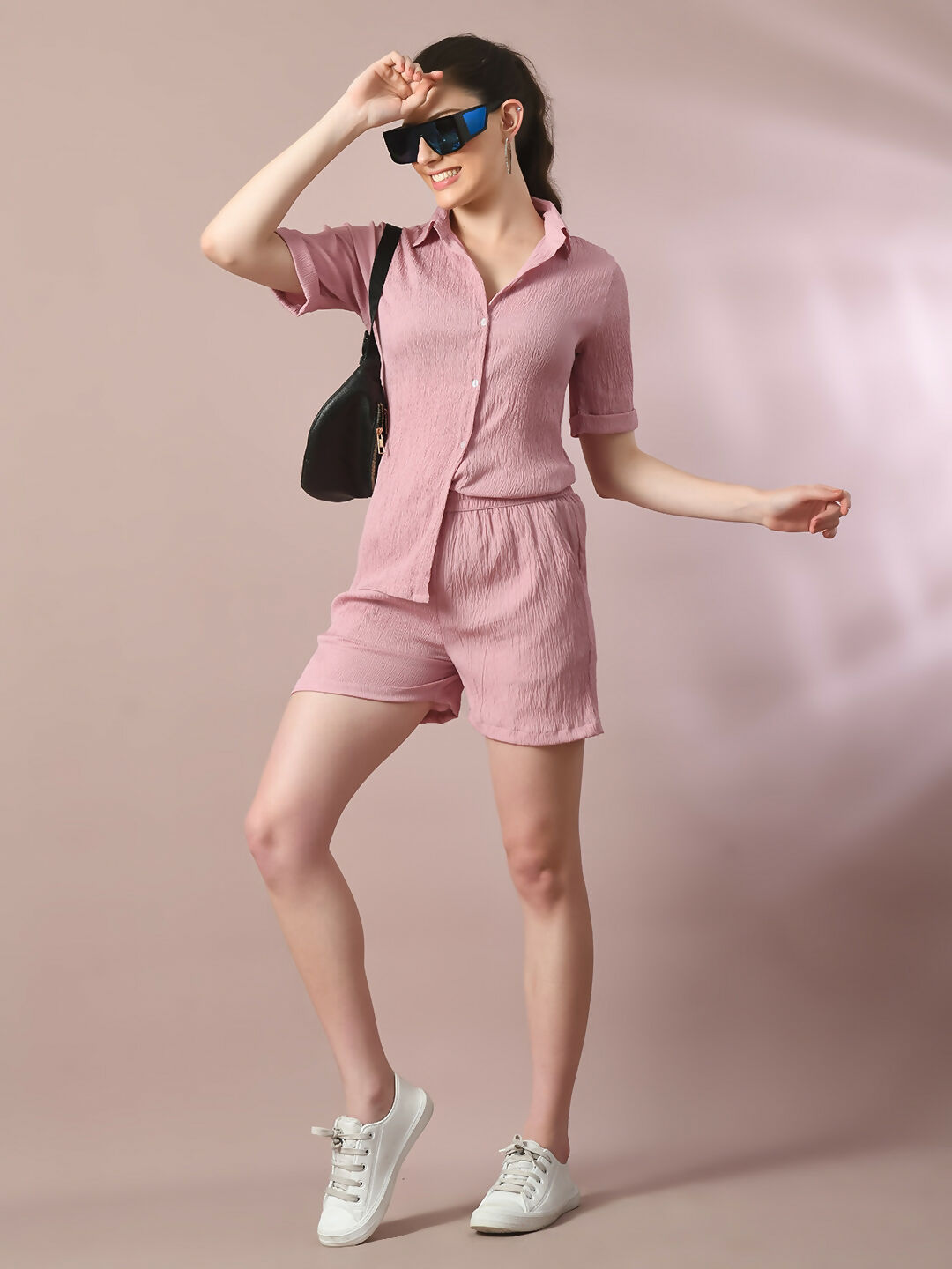 Myshka Women's Pink Solid Shirt Collar Party Shirt With Shorts Co-ord set | Grocsy