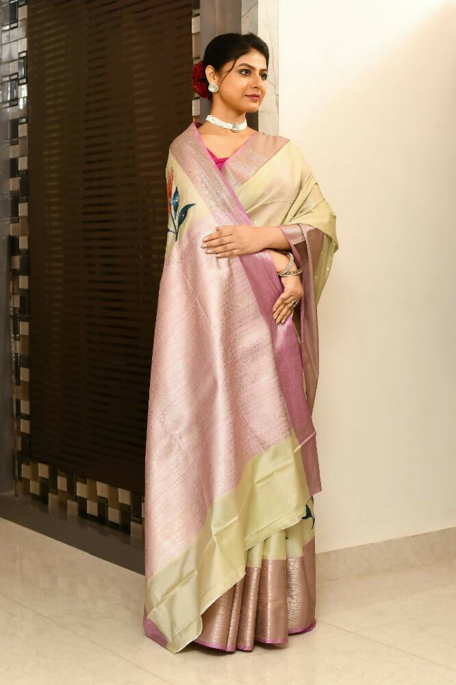 Joban Fashion Lavender & Brown Saree Kataan Applick Witch Mirror | Grocsy