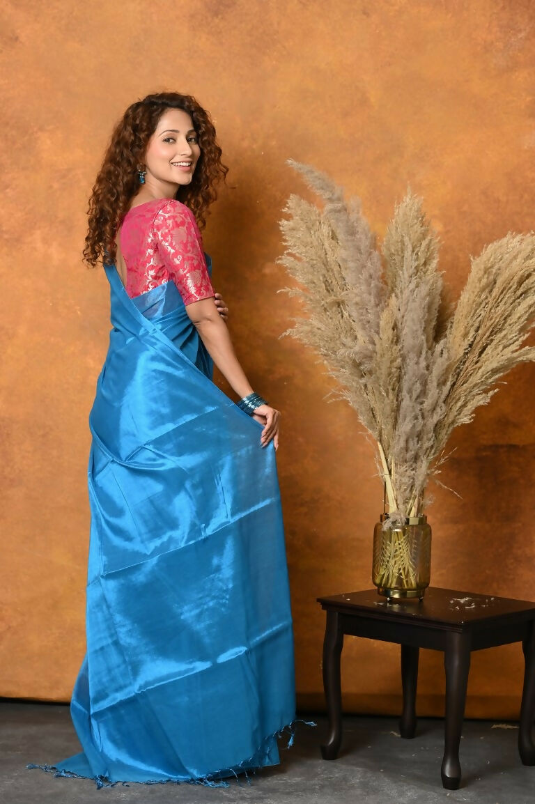 Very Much Indian Fusion Cotton Tissue Shimmer Saree - Light Blue | Grocsy