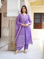 The52 Women's Beautiful Cotton Fabric Embroidery Work Straight Kurta Pant and Dupatta Set | Grocsy