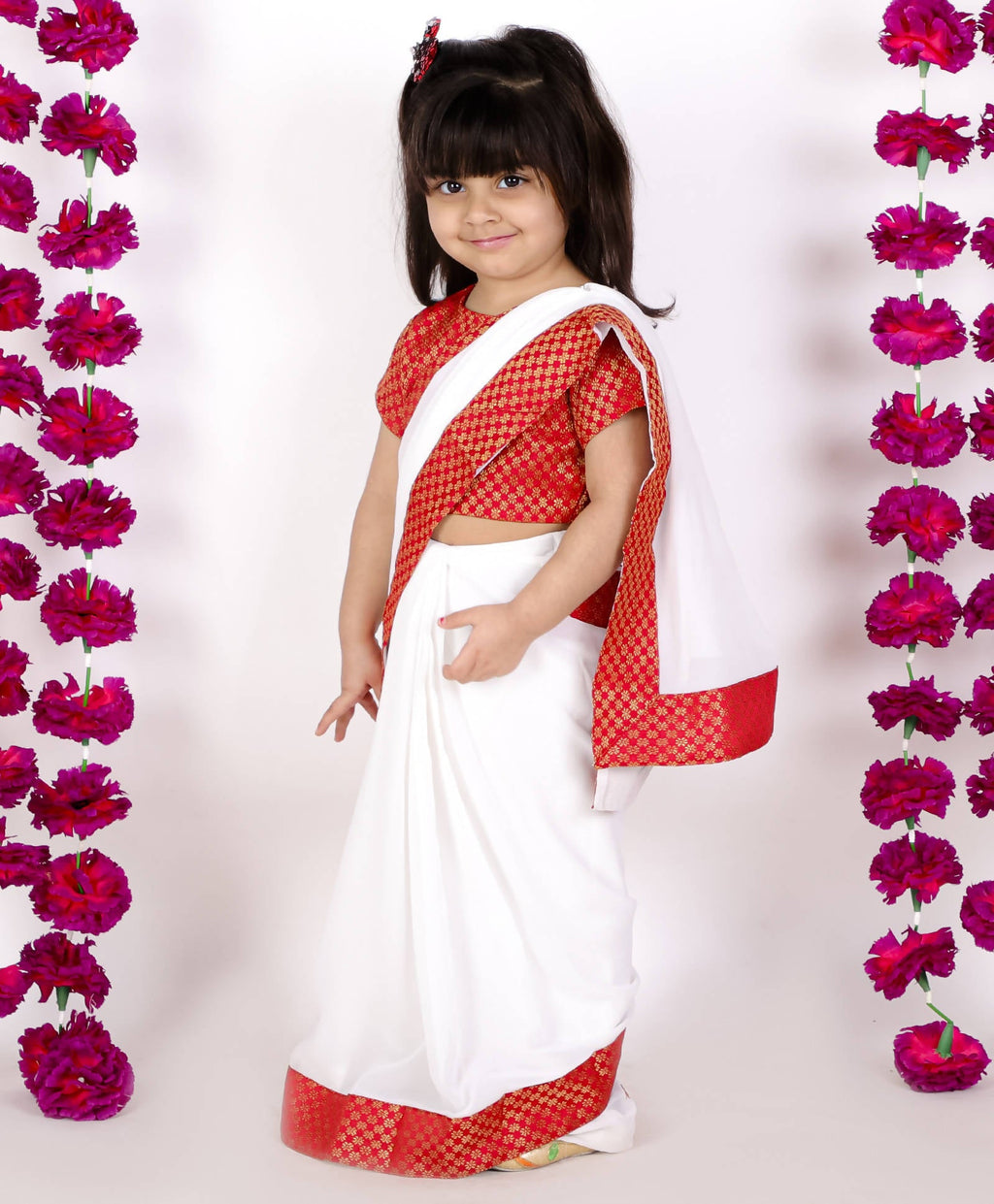 Little Bansi Girls Red And White Color Bengali Saree With Floral Brocade Blouse | Grocsy