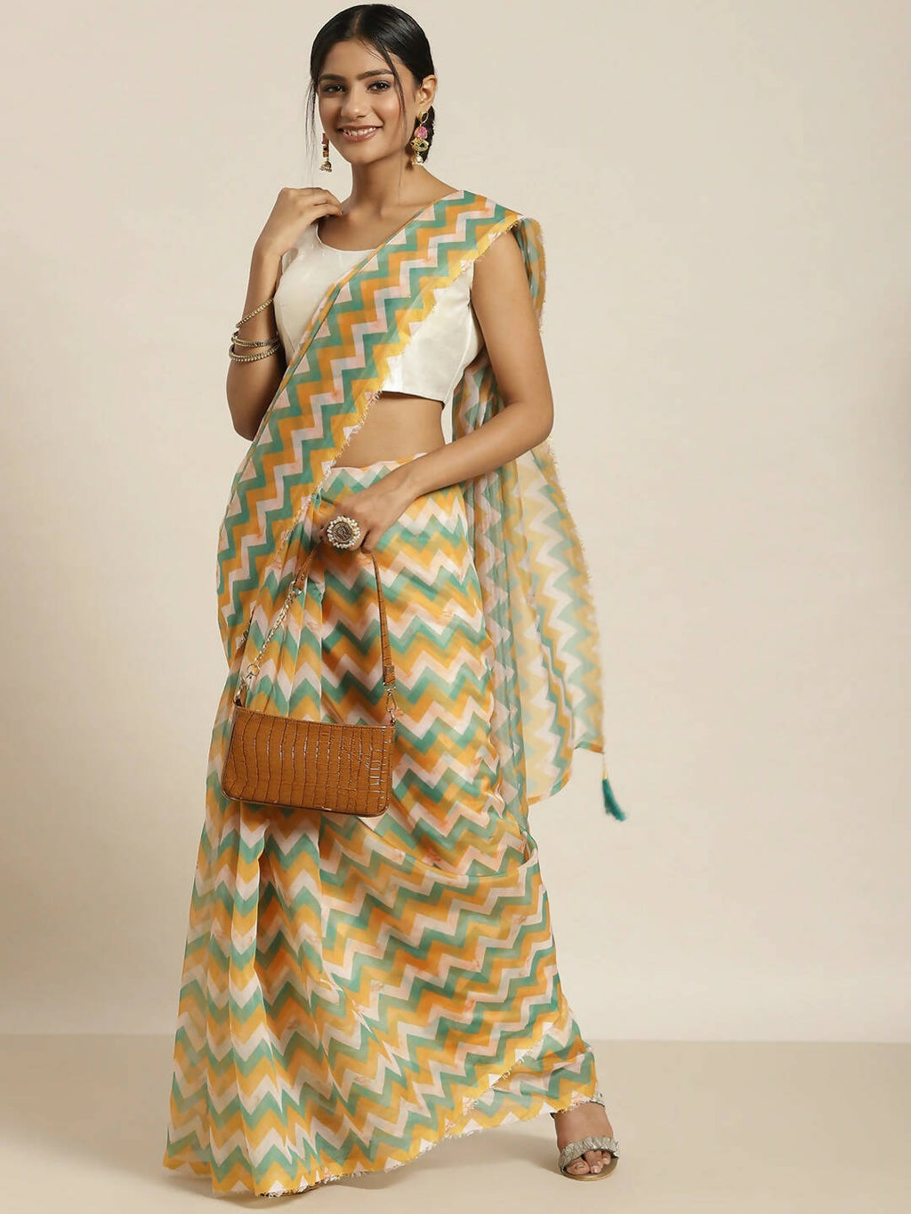 Green Organza Printed Saree With Blouse Piece - Nivaa | Grocsy
