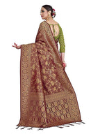 Vardha Women's Maroon Color Kanchipuram Raw Silk Saree with Unstitched Blouse Piece | Grocsy