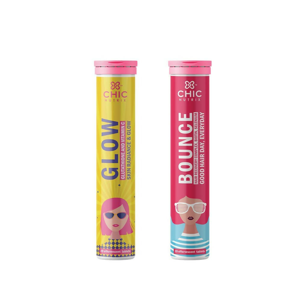 Chicnutrix Glow Japanese Glutathione & Vit. C and Bounce Biotin Effervescent Tablets Combo - Skin Whitening and Hair Growth Supplements | Grocsy