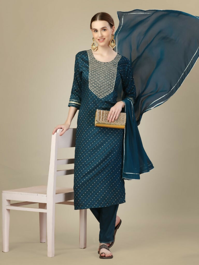 Jyoti Fashion Women's Morpich Silk Blend Embroidery & Sequence work Kurta with Trouser & Dupatta | Grocsy
