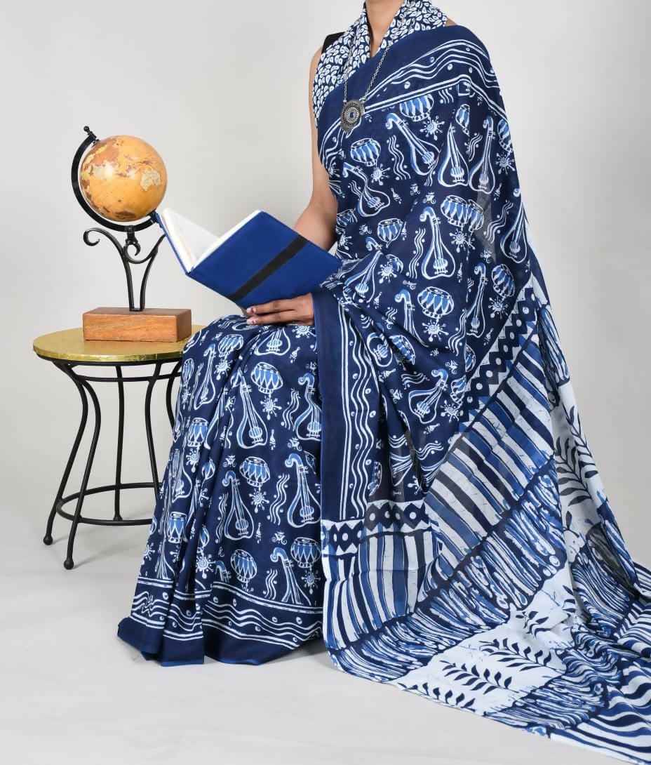 Exclusive Collection Blue Multi Beautiful Mulmul Cotton Saree | Grocsy