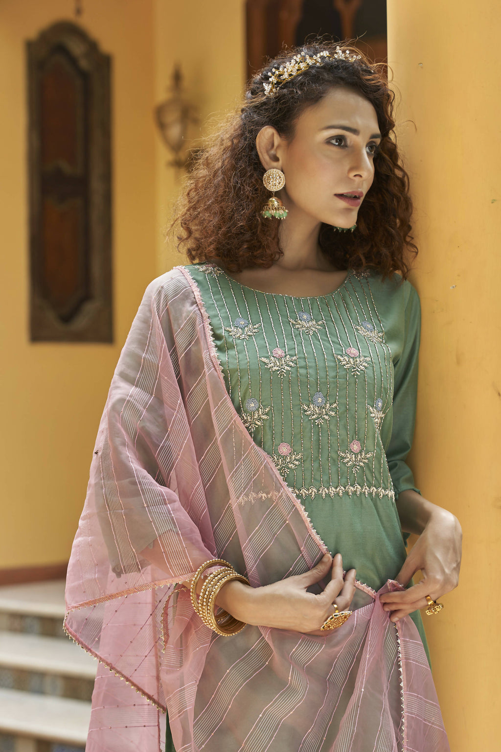 Green Chinon Embroidered Kurta and Bottom with Dupatta - Akashara | Grocsy