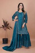 Teeya Creation Teal Color Chinon Silk Embroidery Work Sharara Set | Grocsy